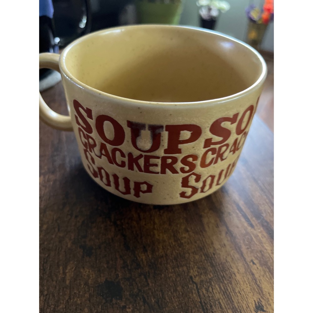 Vintage Soup Crackers Ceramic Mug Speckled Tan Red Text Large Soup Bowl Japan